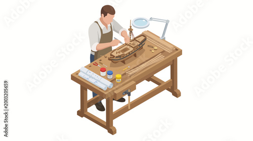 A dedicated craftsman meticulously assembling a model ship on a wooden workbench showcasing various tools and materials used in shipbuilding and craftsmanship.