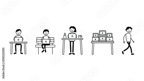 Remote work and study icon collection, hand drawn black and white vector doodles of people working on laptops, commuting, desk setups, and outdoor work environments, minimalist line art style for apps