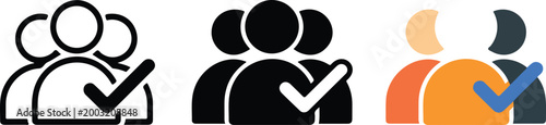 Professional teamwork and user verification vector icons set in outline silhouette and flat color styles for corporate business management and web profiles.