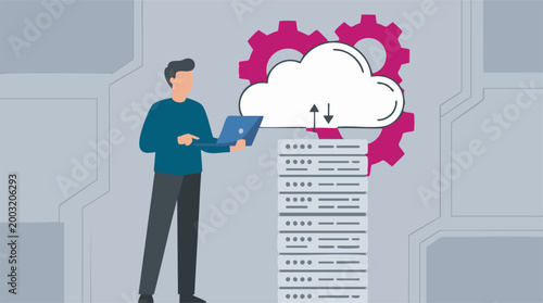 Fotografia Cloud computing concept with person, laptop, servers, and data transfer