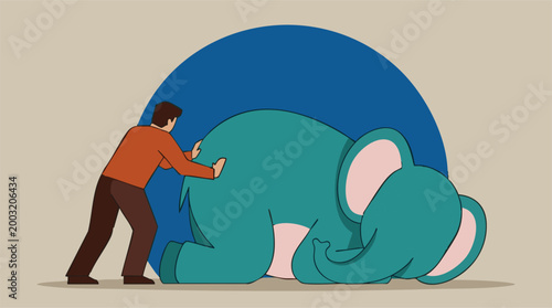 Man pushing a large, collapsed elephant, symbolizing struggle and effort