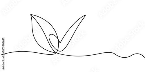 Single line of a leaf shape with a check mark inside symbol sign  in white background