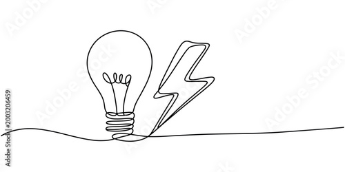 Single line of a light bulb and a lightning bolt on a white background electricity energy idea