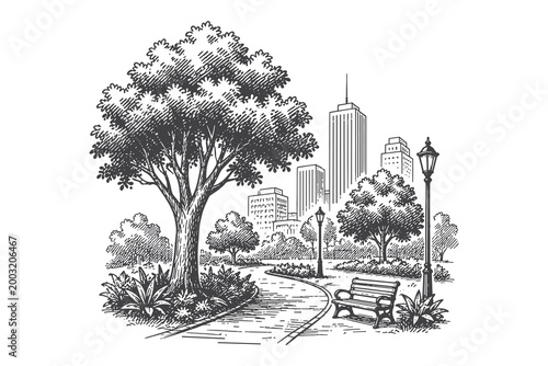 Foto Scenic Park Pathway with Benches and Trees in Vintage Hand Drawn Line Art Vector