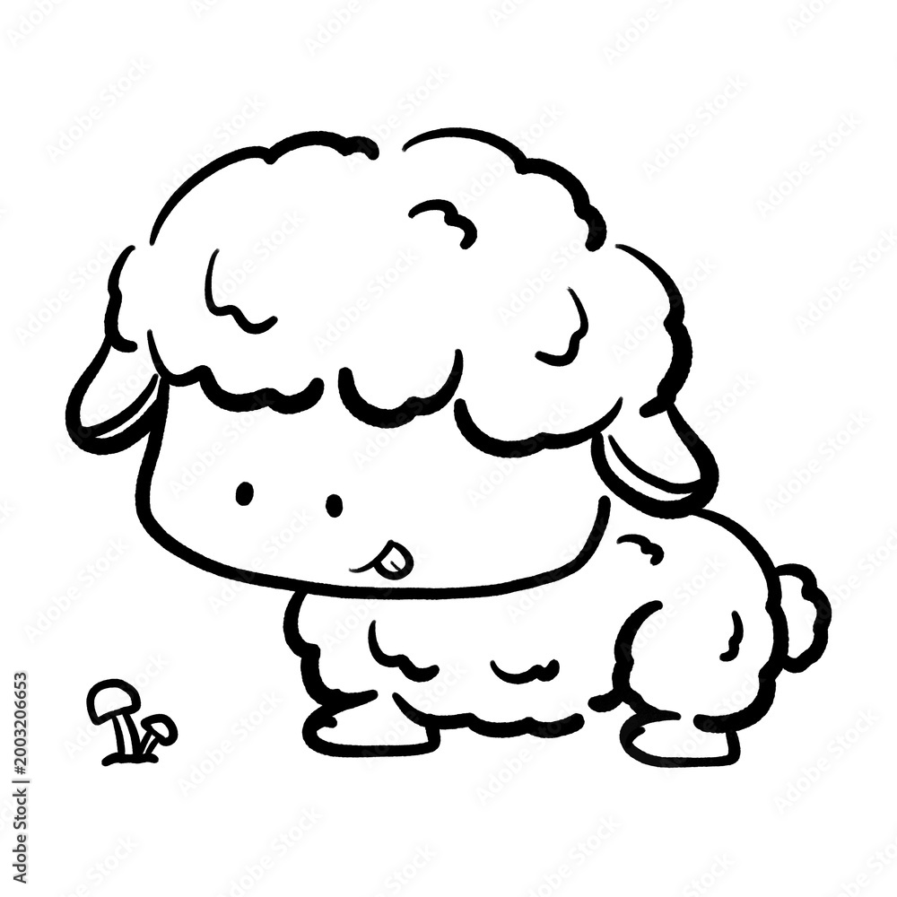 Obraz premium Cute sheep looking to mushroom cartoon outline illustration