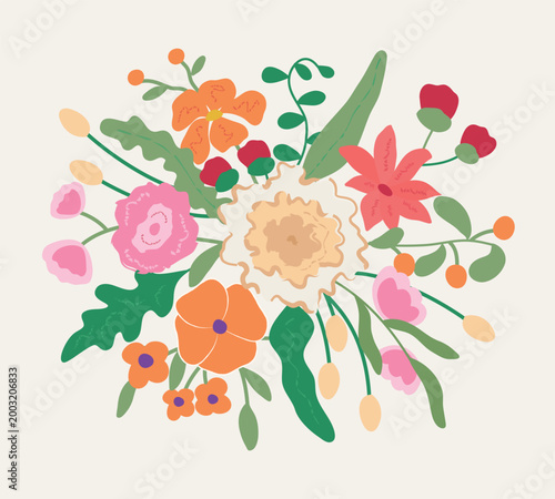 Colorful flat floral bouquet with poppy, peony, lily, ranunculus, tulip buds, berries and oak leaves. Hand drawn style wildflower arrangement vector illustration isolated on light background