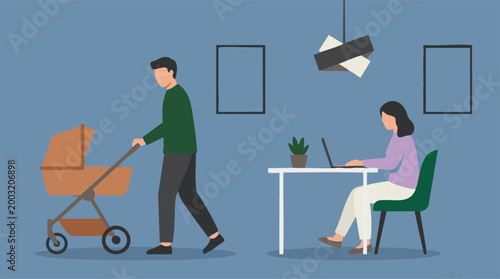 Modern family: father pushing baby stroller while mother works from home