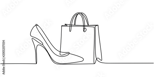 Konstfotografi Single line of a stiletto heel shoe and shopping bag single line continuous line