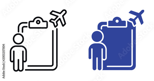 Travel documentation icon concept, minimalist vector illustration featuring passenger, clipboard checklist, and airplane symbol, simple UI style design for airport procedures, booking systems.