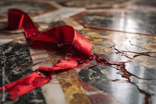 red ribbon on marble floor