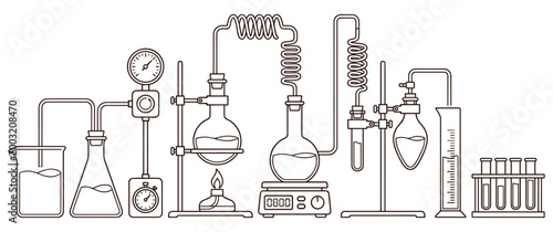 Photos Chemical laboratory distillation process line art equipment diagram