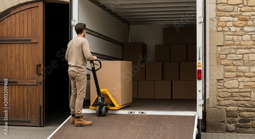 Man with pallet jack loading large cardboard box into open truck cargo area with stacked boxes