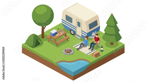 A serene camping scene depicting two individuals enjoying nature by a camper, highlighting the importance of relaxation, outdoor activities, and bonding with nature.