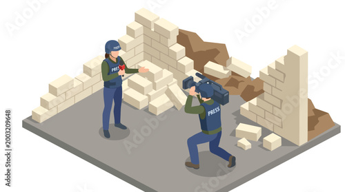 A press reporter in protective gear interviews amidst destruction, capturing the impact of current events on society and showcasing the importance of journalism in crisis.