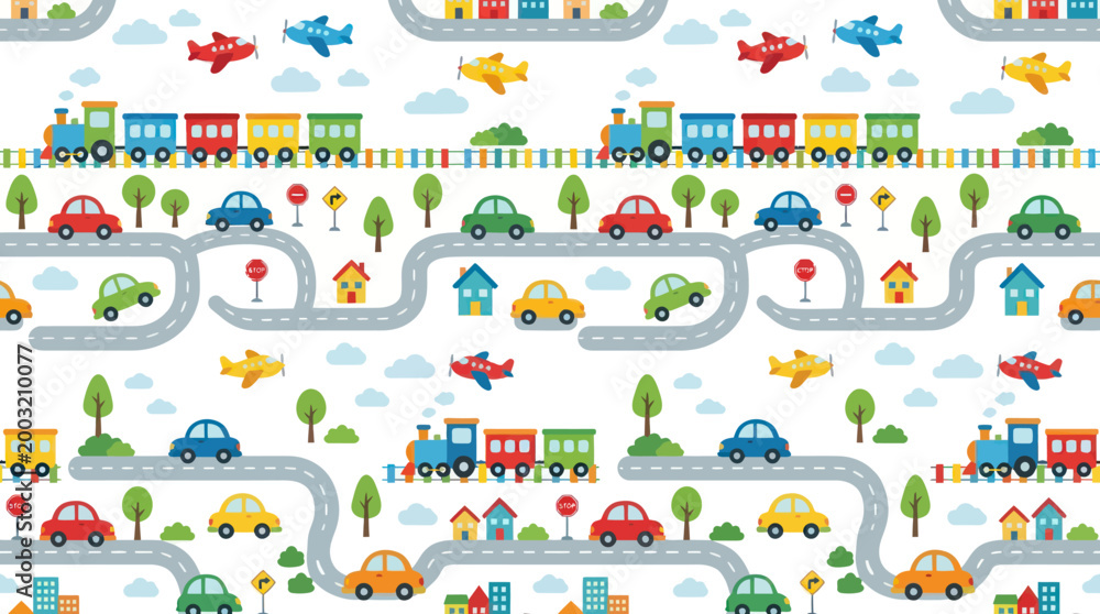 Naklejka premium Kids' Transportation Map Flat Cartoon Vector Illustration with Cars, Trains, Roads, Airplanes