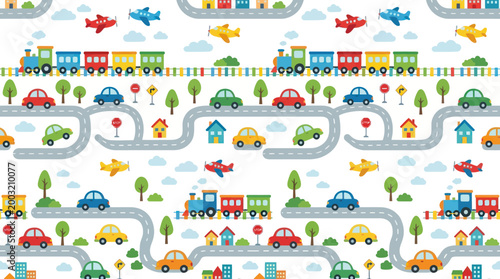 Kids' Transportation Map Flat Cartoon Vector Illustration with Cars, Trains, Roads, Airplanes