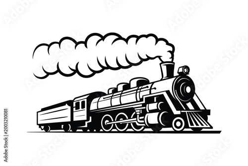 Moving retro steam locomotive, vintage train emblem symbol vector illustration, detailed classic railway engine in retro style, dynamic motion concept for transport branding, posters, badges.