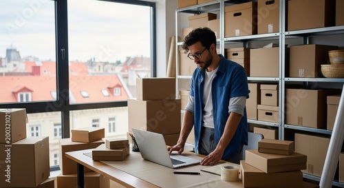 Man working on laptop surrounded by cardboard boxes in a warehouse or storeroom, small business