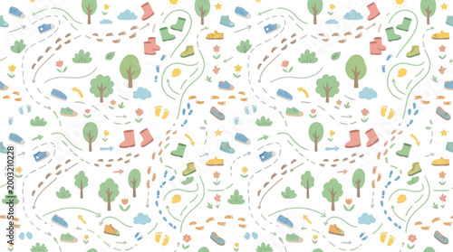 Cute Seamless Pattern with Boots, Trees, and Footprints for Children