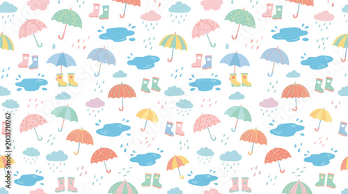 Cute Seamless Pattern of Rain, Umbrellas, Puddles, Clouds and Boots