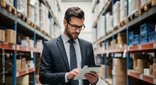 Manager in Suit Using Tablet in Warehouse Inventory Management, Checking Stock and Logistics
