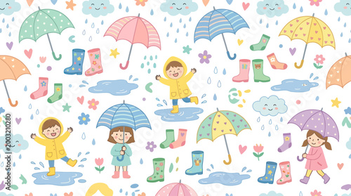 Cute illustration of kids playing in the rain with umbrellas and boots