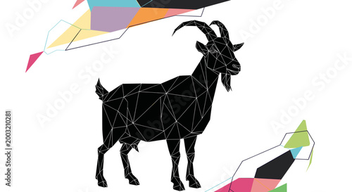 A stylized black goat with geometric patterns and abstract colorful shapes.
