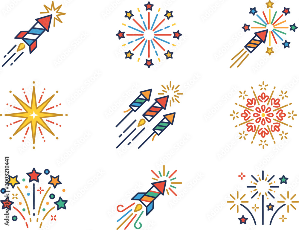 Fototapeta premium Holiday Festive Fireworks Icon Set EPS
