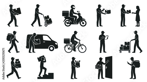 Delivery Service Icons: Courier, Logistics, Shipping, Transport, Black  White