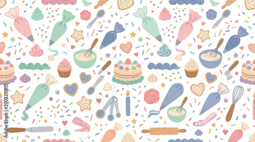 Seamless Pattern with Baking Tools, Cakes, and Pastries in a Cute Flat Style