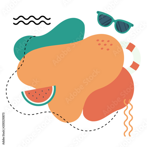 Fond abstrait estival avec formes organiques et icônes minimalistes. Composition moderne idéale pour design, réseaux sociaux, affiches et branding.
