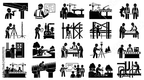 Construction Worker Icons and Symbols Set, Black and White Engineering Pictograms