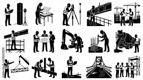 Construction Industry Workers  Engineers Silhouette Vector Icon Set