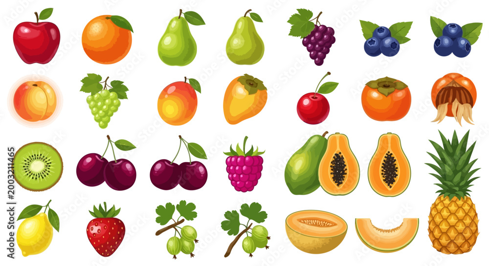 Obraz premium Fresh Fruit Icons, Colorful Fruit Illustrations, 25 Vector Fruit Symbols, Food Icons Set