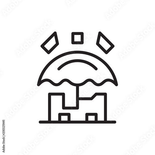 Liability shield vector icon featuring a protective umbrella sheltering a building structure. Ideal for corporate protection, insurance coverage, legal safety nets, and business risk management.