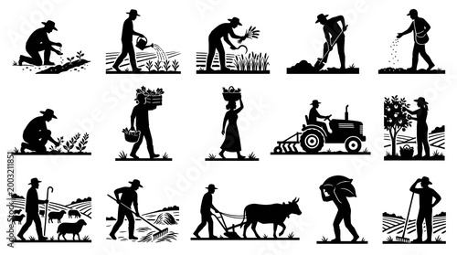 Black and White Farmer Silhouettes Icon Set for Agriculture and Farming