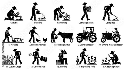 Farming Icons Set: Agriculture Activities Glyph Art on White Background
