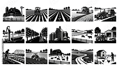 Vintage Agriculture Farm Scenes Black  White Woodcut Engraving Collection