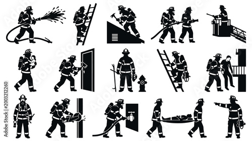 Firefighter Icons Set: Rescue, Action, and Safety Illustrations, Black and White Glyph Art