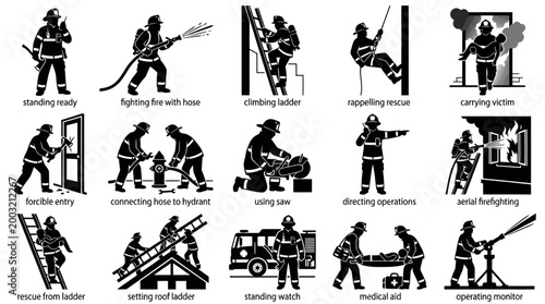 Firefighter icons: Actions, equipment, rescue, black and white, stock vector