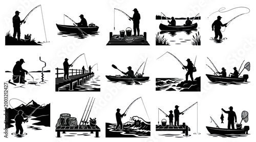 Fishing Silhouettes: Diverse Scenes of Angling Activities in Black and White