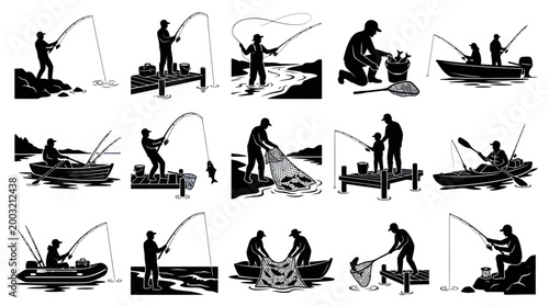 Fishing Silhouettes: Diverse Activities in Black and White Vector Art