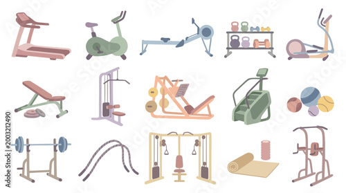 Flat Vector Illustration Set of Gym and Fitness Equipment for Health and Workout Training