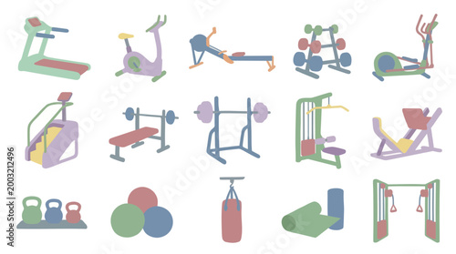 Flat Vector Illustration Set of Gym and Fitness Exercise Equipment