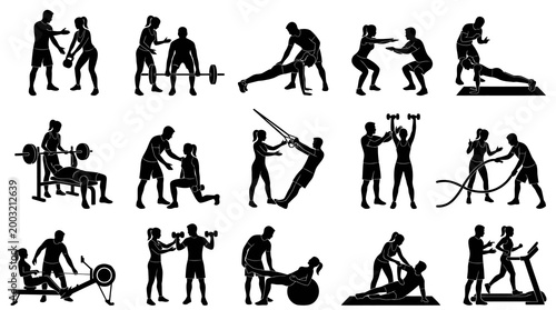 Black and White Vector Silhouette Icons of Personal Trainer Gym Workout and Fitness Exercises