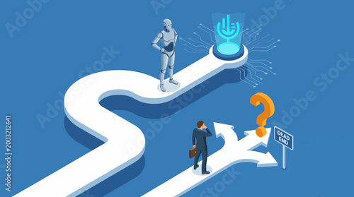 A robot stands at a decision-making fork in the road, highlighting the intersection of technology and human choice, especially in voice recognition systems and AI.