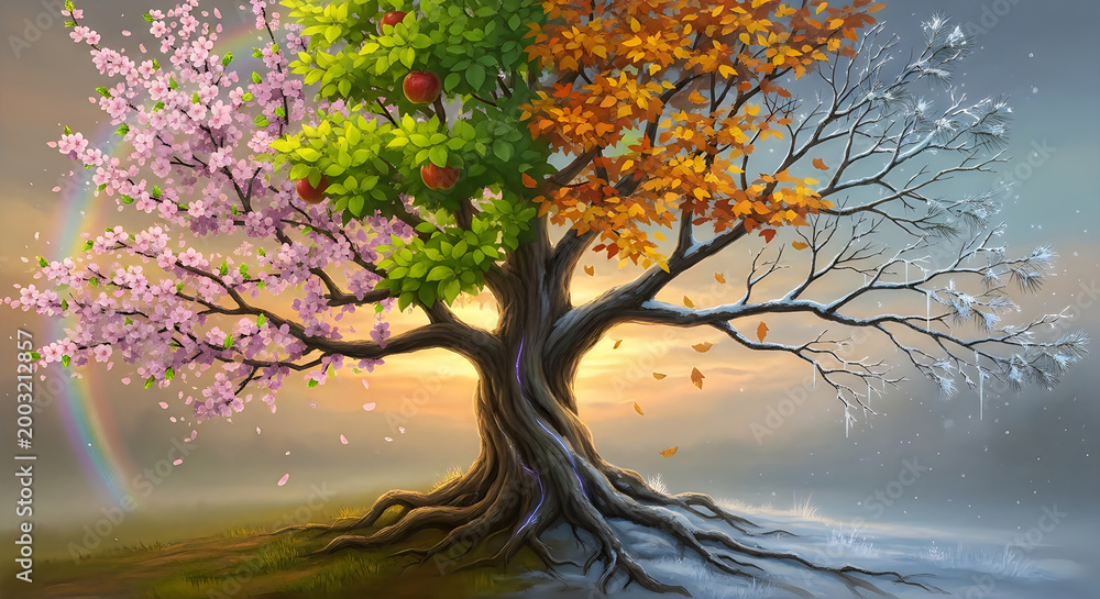 Fototapeta premium Arbor day a tree with four seasons, spring, summer, autumn, and winter, with a rainbow in the background and a sunset