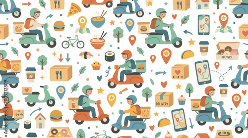Flat Design Seamless Pattern with Food Delivery Couriers on Scooters and Various Food Items