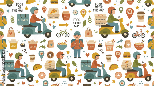 Flat Food Delivery Scooter Service Icons and Pattern