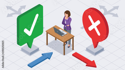 An individual stands between two pathways represented by green and red icons, symbolizing choices, decision making, and the challenges of navigating life’s options.